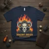 Dragon's Breath Unleash The Power Within t-shirt design featuring a skull with horns engulfed in flames