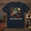 Dragon's Brew & Books t-shirt design featuring a green dragon in a suit reading a book and drinking coffee