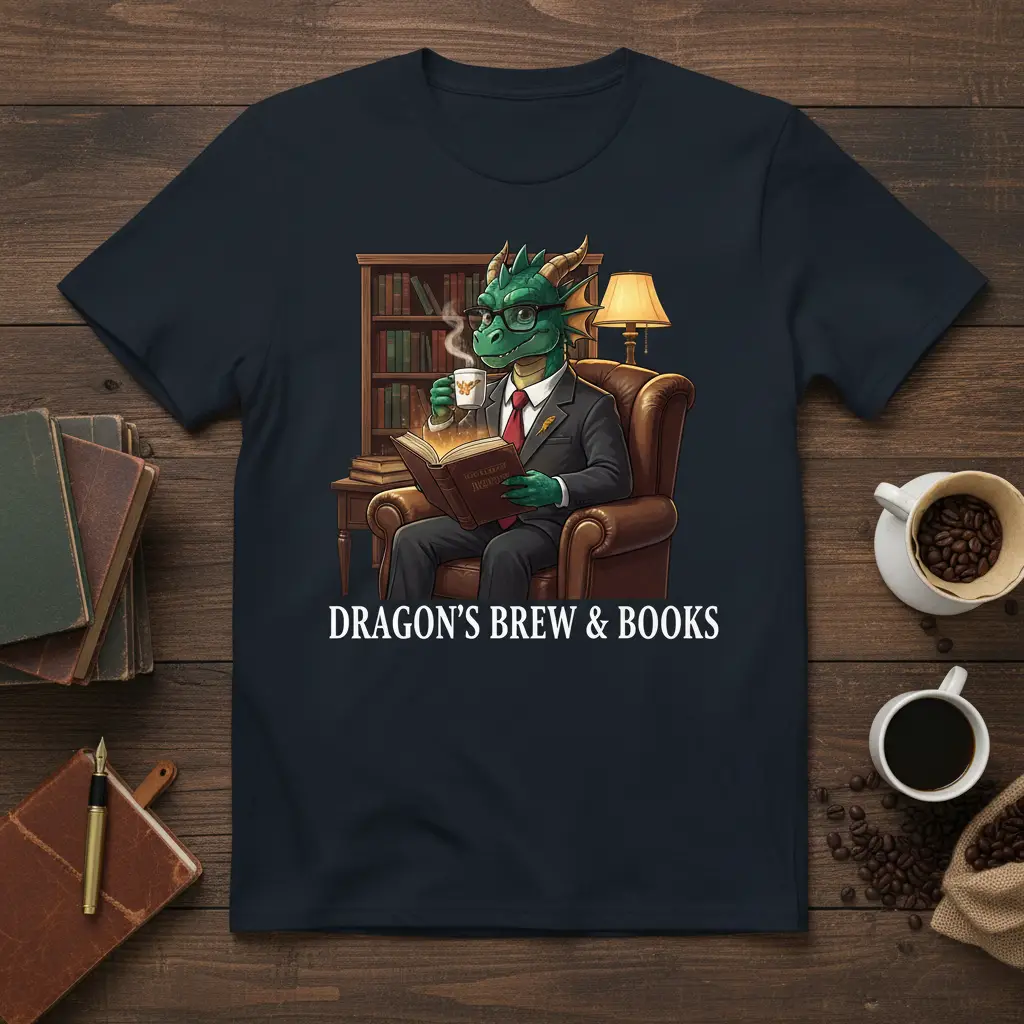 Dragon's Brew & Books text design with a sophisticated dragon reading a book and enjoying coffee