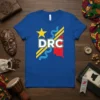 DRC T-Shirt with bold white "DRC" text and national symbols on a royal blue background