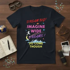 Dream Big! Imagine Wide Dreams! Do Come Though quote on a dark navy t-shirt with colorful, cosmic graphics and city