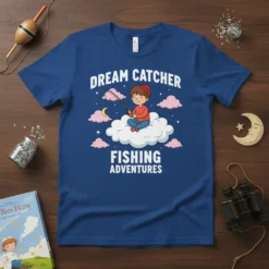Dream Catcher Fishing Adventures t-shirt design with a boy fishing from a cloud under a crescent moon
