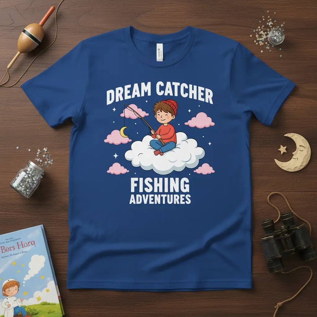Dream Catcher Fishing Adventures graphic tee featuring a boy fishing from a cloud under the moon and stars