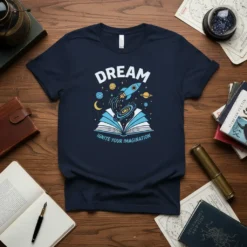 Dream Ignite Your Imagination T-Shirt design with a rocket launching from an open book, surrounded by planets and stars
