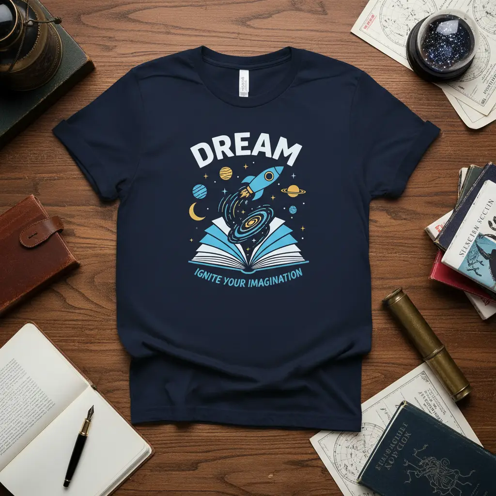 Dream Ignite Your Imagination quote on a t-shirt with a rocket launching from an open book and cosmic elements