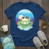 Dreamy napper t-shirt featuring a cool frog wearing sunglasses on a lily pad with a lotus flower
