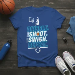 Dribble Shoot Swish Repeat eye-catching graphic design printed on comfortable cotton t-shirt