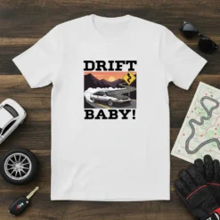 White t-shirt with "Drift Baby!" text and a graphic of a car drifting on a winding mountain road at sunset