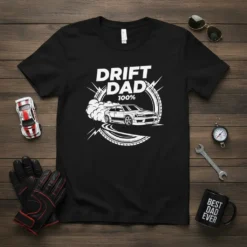 Drift Dad 100% design on a black t-shirt, showing a car drifting with smoke and tire tracks