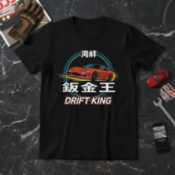 Black t-shirt featuring "Drift King" text with a red Japanese sports car graphic and Japanese characters