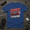 Drift Legend text with a red sports car performing a drift, on a blue t-shirt design