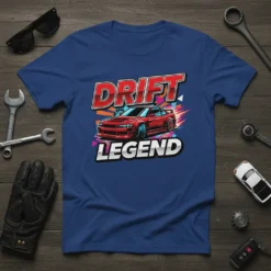 Drift Legend text with a red sports car performing a drift, on a blue t-shirt design