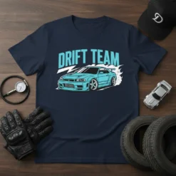 Drift Team graphic t-shirt featuring a blue drift car with smoke, designed for car enthusiasts