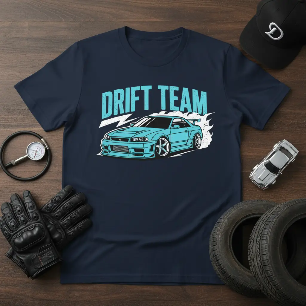 Drift Team graphic t-shirt with a blue sports car and smoke, perfect for car enthusiasts