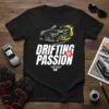 Black t-shirt with "DRIFTING BY PASSION" text and a graphic of a drifting car with yellow accents. Includes "JDM DESIGN