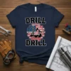 Drill Baby Drill patriotic oilfield worker t-shirt design with American flag gear graphic and oil rigs