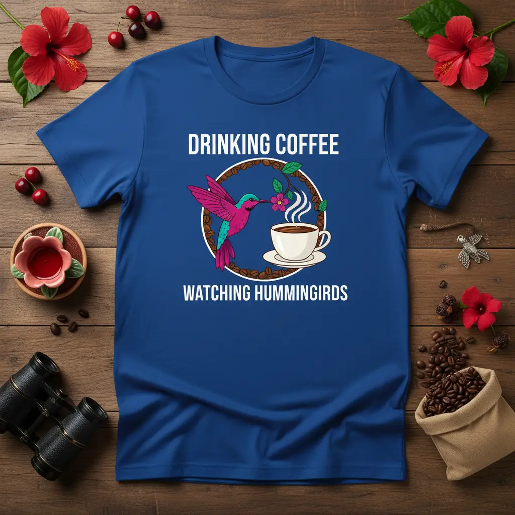 Drinking Coffee Watching Hummingirds quote with hummingbird and coffee cup graphic on a blue t-shirt
