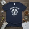 Drinking For Two Again Oh Darn text with beer mugs and baby bottle graphic on a navy blue t-shirt