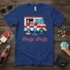 Drip Drip text with ice cream truck and melting popsicles graphic on a navy t-shirt