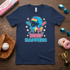 Drip Happens baseball t-shirt featuring a dripping baseball helmet and bats graphic with playful typography