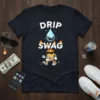 Drip Swag text with a water droplet and flames graphic, on a black t-shirt, streetwear style