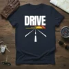 Navy t-shirt with the word DRIVE in white, above a graphic of a road with speed lines and a sunset