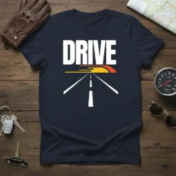 Navy t-shirt with the word DRIVE in white, above a graphic of a road with speed lines and a sunset