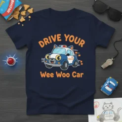 Drive Your Wee Woo Car t-shirt design with a cute cat driving a police car graphic. Features orange text and