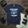 Drone Pilot T-Shirt with a white and blue graphic of a drone flying over stylized landscape