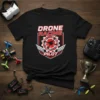 Black t-shirt with "DRONE RACING PILOT" text and drone graphic, featuring red and white accents