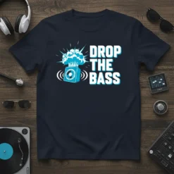 Drop The Bass t-shirt with blue speaker and explosion graphic, perfect for DJs and music lovers