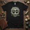 Black t-shirt featuring "Druid 20 sided" text with a Celtic knot tree and a 20-sided die graphic
