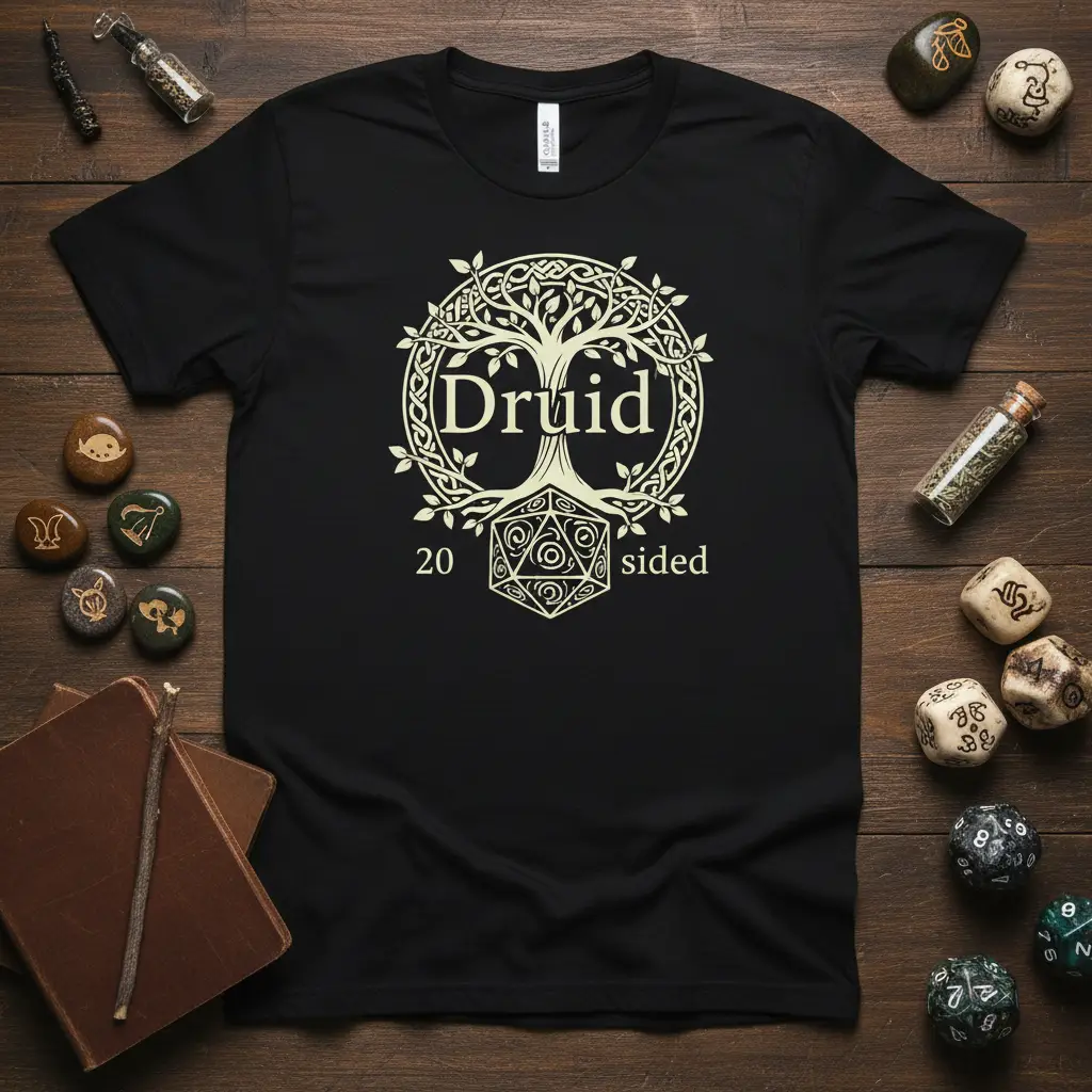 Druid 20 sided text with Celtic tree and D20 die graphic on black t-shirt