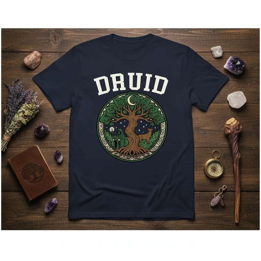 Druid t-shirt featuring a circular tree of life design with a cloaked figure and a deer, embodying pagan spirituality