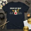 Drum Cat Beat t-shirt design featuring a cartoon cat playing drums with a heartbeat line graphic