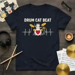 Drum Cat Beat t-shirt design featuring a cartoon cat playing drums with a heartbeat line graphic