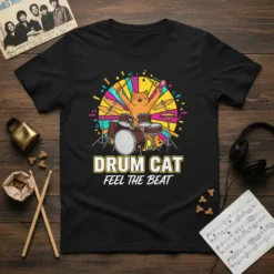 Drum Cat Feel The Beat t-shirt featuring a cartoon cat playing a drum set with colorful radiating lines and musical