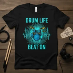 Drum Life Beat On text with a graphic of a drum kit and heartbeat line on a black t-shirt