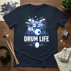 Drum Life t-shirt design featuring a detailed graphic of a drum kit with blue accents and the text "DRUM LIFE"