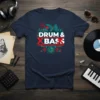Drum & X Bass t-shirt design featuring stylized cityscape, vinyl record, and speaker graphic with bold text