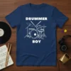 Drummer Boy t-shirt design with a white outline of a drum kit and crossed drumsticks