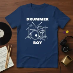 Drummer Boy t-shirt design with a white outline of a drum kit and crossed drumsticks