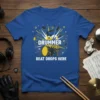 Blue t-shirt with "DRUMMER FUEL BEAT DROPS HERE" text and drum set graphic