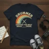Drummer Keeping The Beat Since ______ [YEAR] t-shirt with retro rainbow and drumsticks graphic