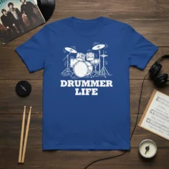 Drummer Life t-shirt with a white sketch of a drum kit and bold text
