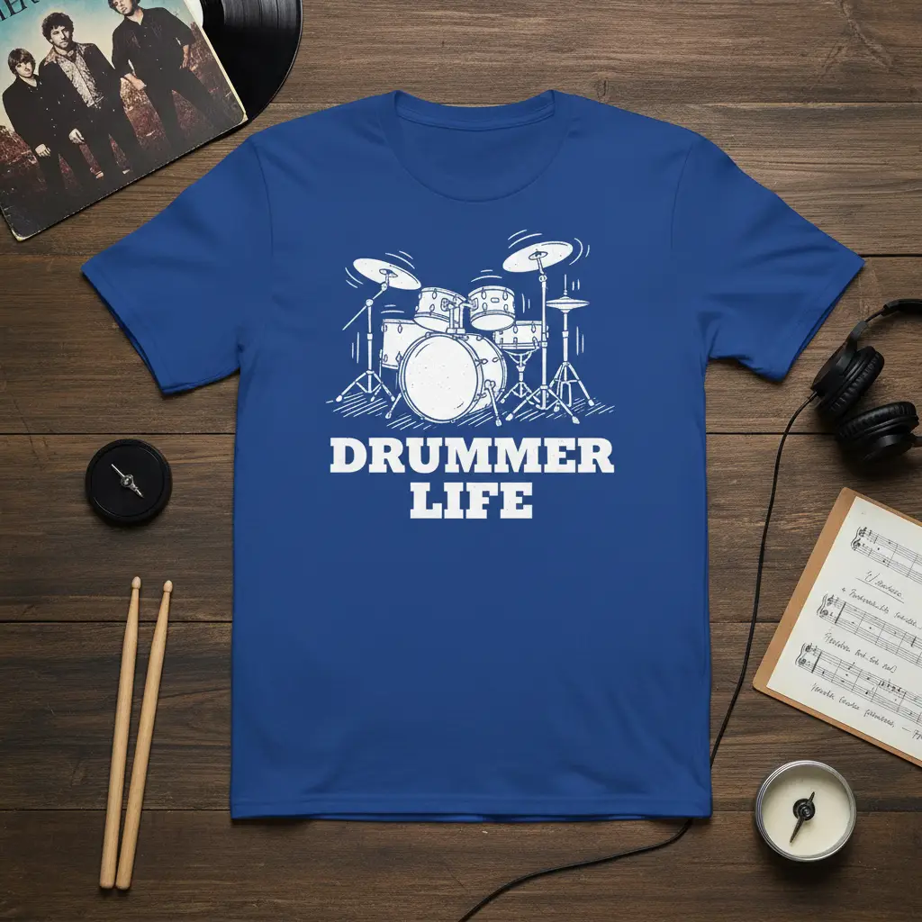Drummer Life graphic t-shirt design featuring a hand-drawn drum kit and bold white text