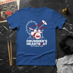 Drummer's Heartbeat Rhythm of Life T-Shirt design with drum kit, heartbeat, and musical notes