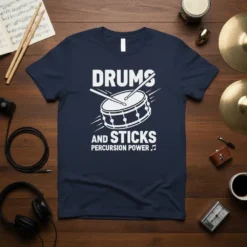 Navy t-shirt with white text "DRUMS AND STICKS PERCUSSION POWER" and a graphic of a drum with sticks