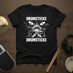 Black t-shirt with white text "DRUMSTICKS DRUMSTICKS" and graphic of crossed drumsticks, cymbals, and drum set