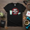 Black t-shirt with "Dry January Yeah Right!" text in a red prohibition circle and cartoon drink icons